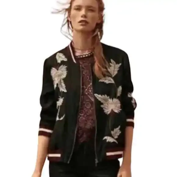 Anthropology Elevenses Solstice Embroidered Floral Bomber Jacket Size Small - Picture 2 of 15